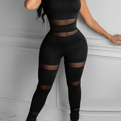 Solid Mesh Stitching Skinny Jumpsuit Crew Neck Sleeveless Jumpsuit