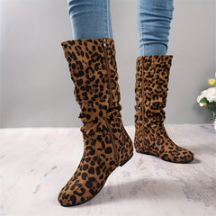 Leopard Print Slouch Boots Round Toe Side Zipper Flat Comfy Riding Boots