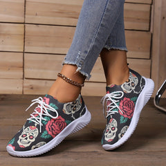 Women's Halloween Skull & Rose Printed Knit Sneakers