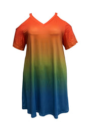 Colorblock Ombre Print Cold Shoulder V Neck Stretch Dress