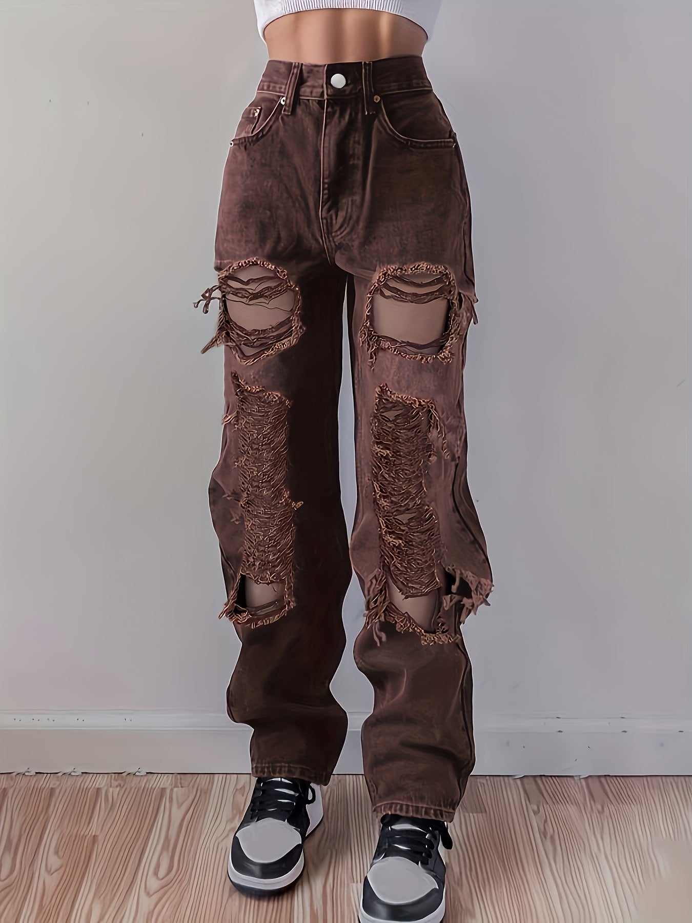 High Waist Ripped Straight Jeans Distressed Loose Fit Denim Pants