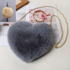 Heart Shape Plush Chain Crossbody Bag with Fur Ball Pendant