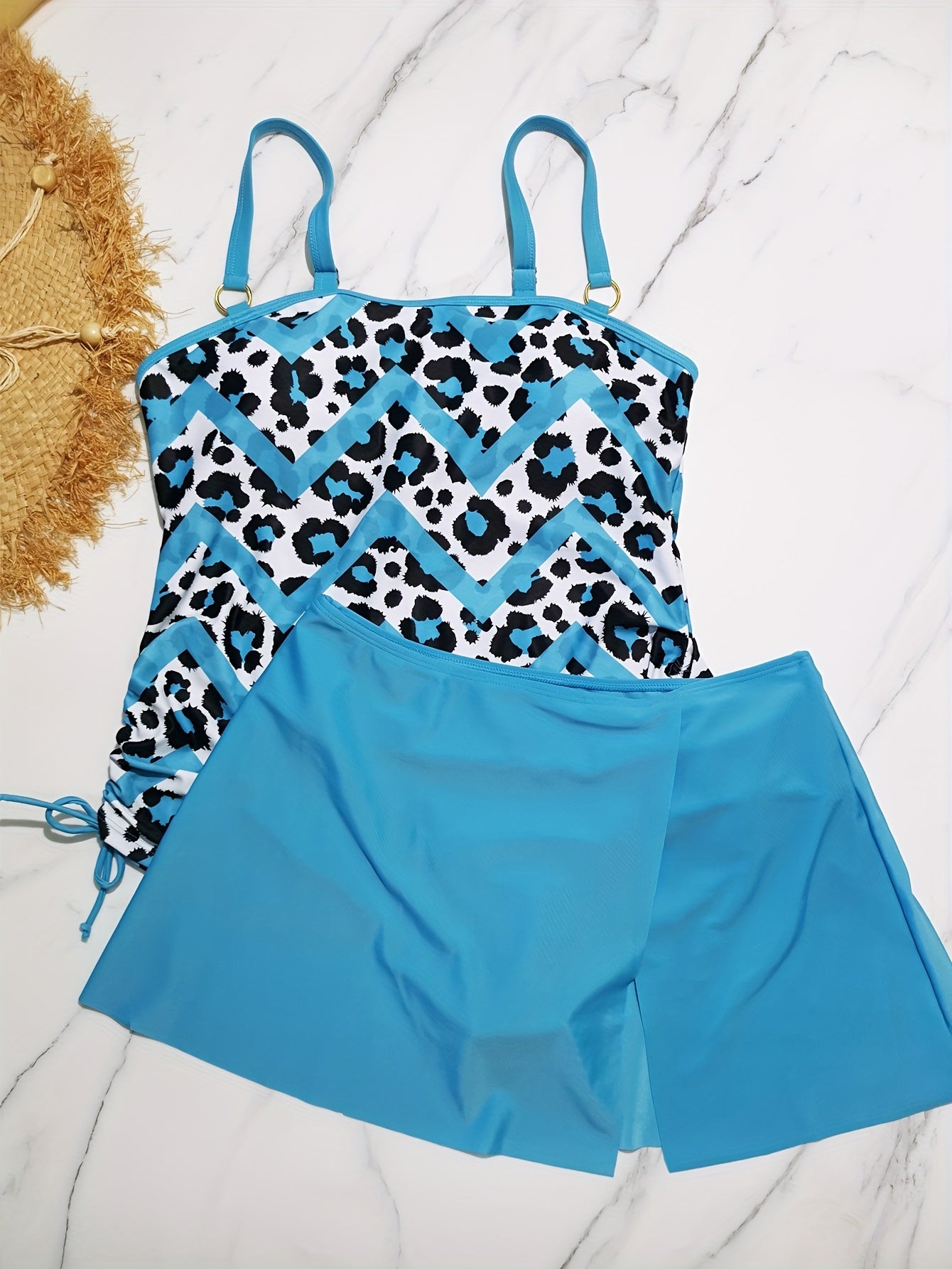 Leopard Chevron Print Tankini Set Lace Up Side Cami Top
