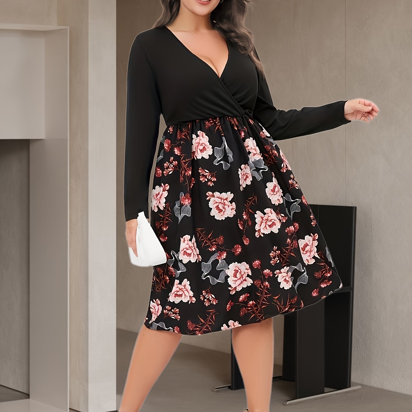 Colorblock Floral Long Sleeve Dress