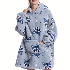 Plus Size Raccoon Print Flannel Hooded Wearable Blanket