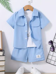 Boys Pockets Outfit Set - Comfy Shirts & Shorts for Summer