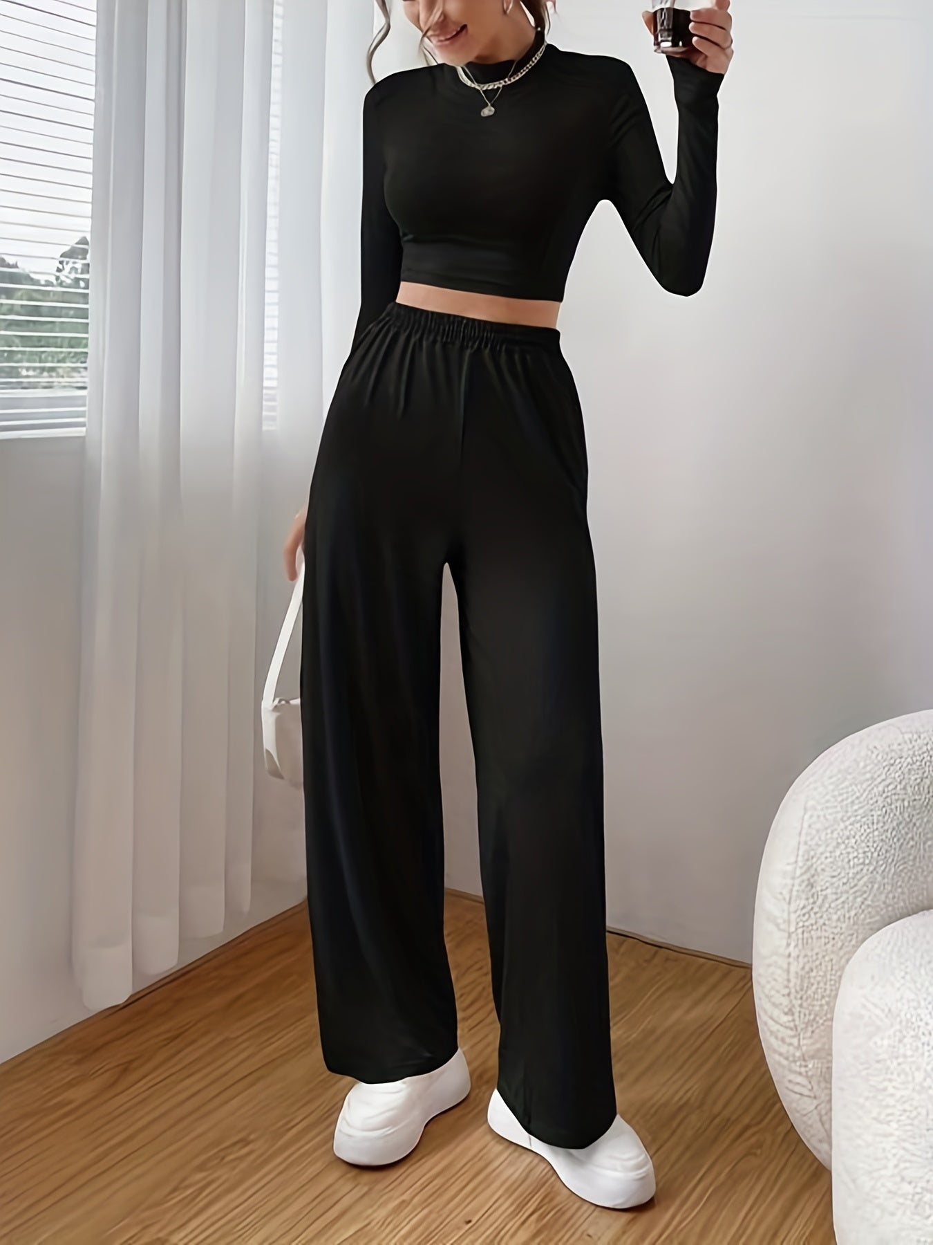 Casual Two-piece Set Long Sleeve Slim Crop Top & Pants
