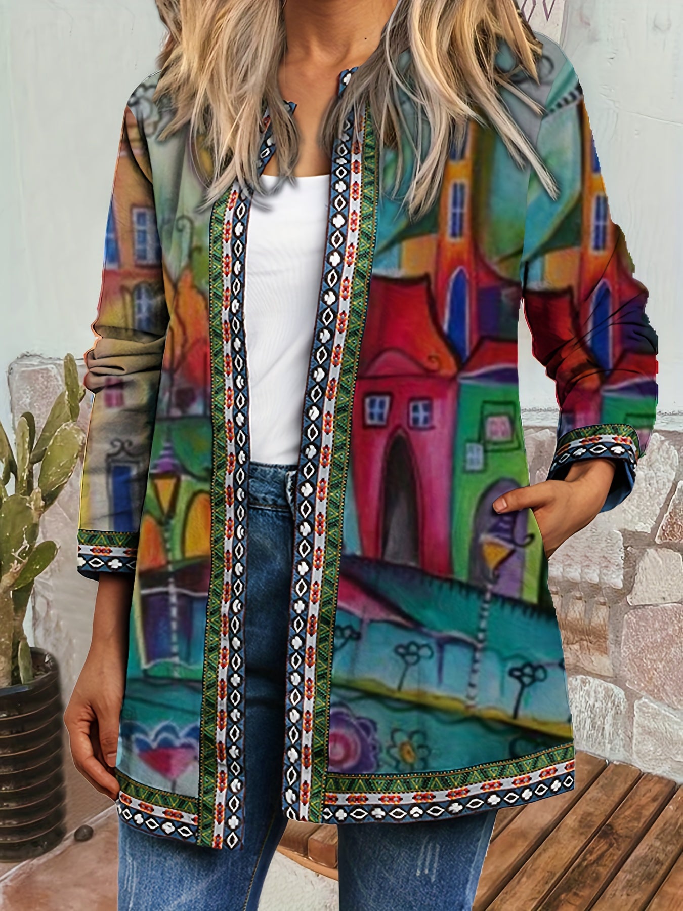 Ethnic Print Open Front Jacket Vintage Long Sleeve Crew Neck Outerwear