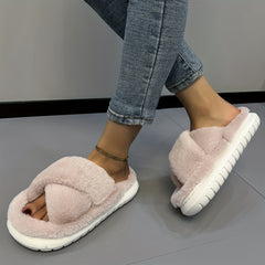 Women's Pink Fuzzy Platform Slippers Open Toe Solid Fluffy Shoes