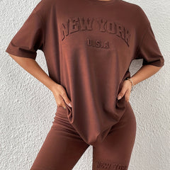 Letter Textured Two-piece Set Casual Half Sleeve T-shirt & Skinny Shorts