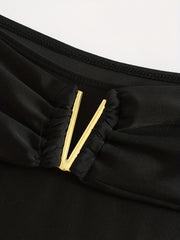 V Metal Decor Ruched High Waist Bikini Bottoms Solid High Stretchy Swimwear