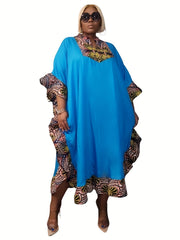 Colorblock Floral Print Abaya Dress with Ruffle Trim