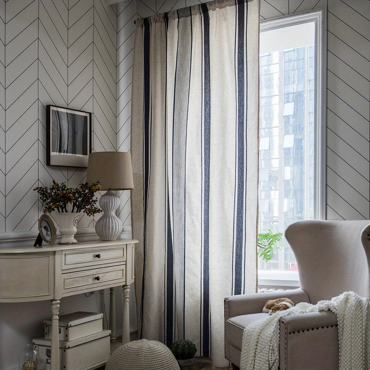 Stripe Navy Kitchen Curtain Half Blackout Cotton Linen Curtain