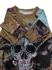 Skull & Floral Print Pullover Sweatshirt for Women