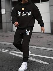 Men's Astronaut Print 2Pcs Outfits: Crew Neck T Shirt & Hooded Sweatshirt Set