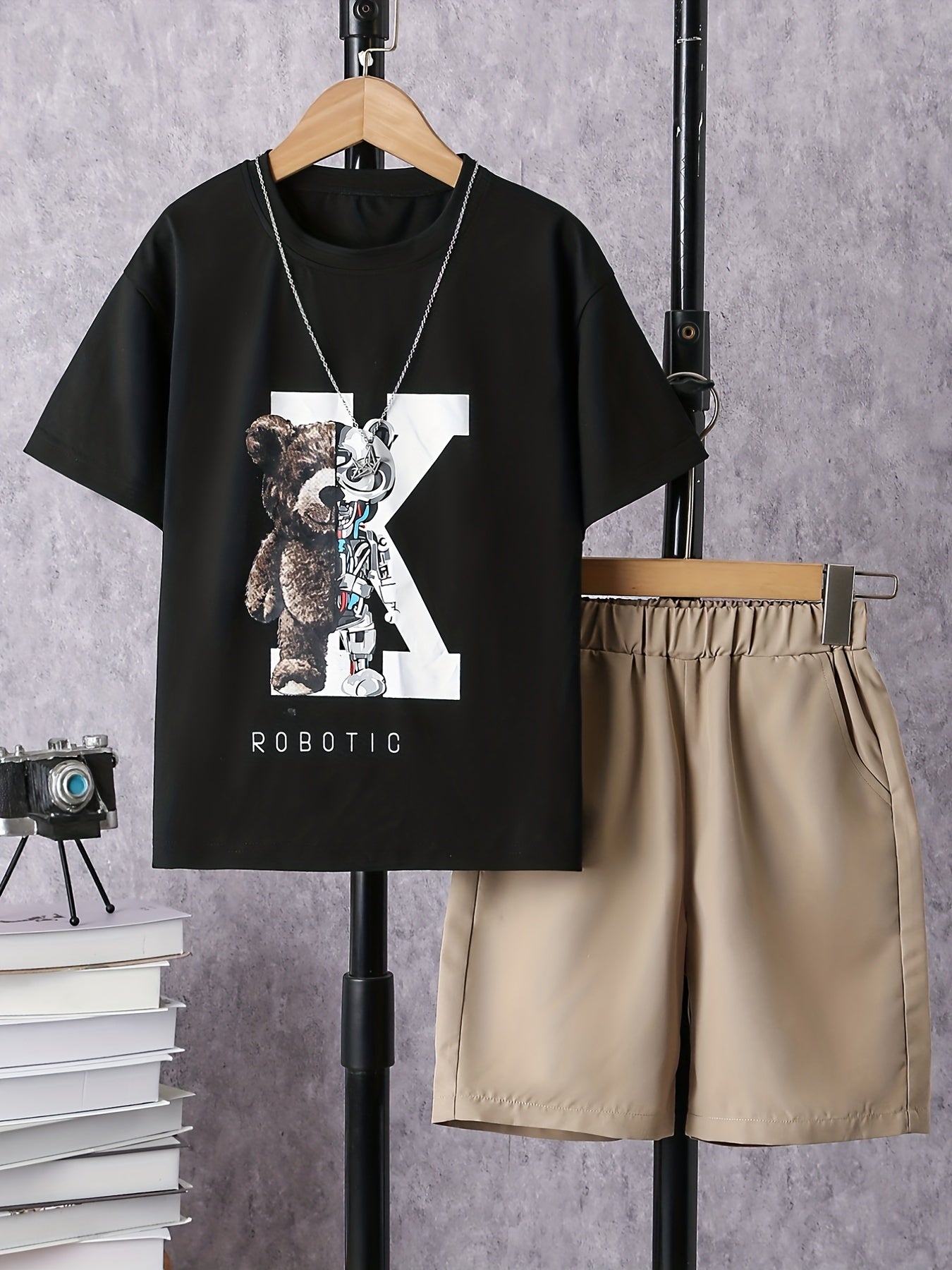 Boys K Robotic Bear Print Casual Outfit Round Neck T shirt & Shorts