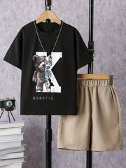 Boys K Robotic Bear Print Casual Outfit Round Neck T shirt & Shorts