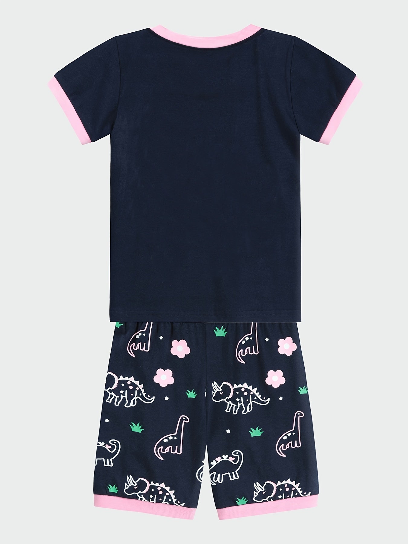 Girls Dinosaur Pajama Set Short Sleeve Tee & Shorts Sleepwear Loungewear