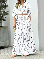 Floral Print Lace Up Suit High Waist Wide Leg Pants And Top Set