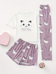 Cartoon Cat Print Pajamas Set Short Sleeve Top & Shorts Women's Sleepwear