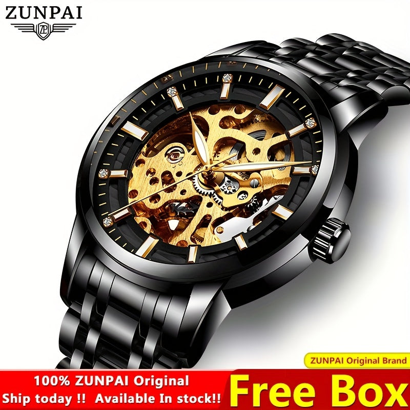 ZUNPAI Business Skeleton Wristwatch Stainless Steel Waterproof Men's Watch