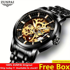 ZUNPAI Business Skeleton Wristwatch Stainless Steel Waterproof Men's Watch