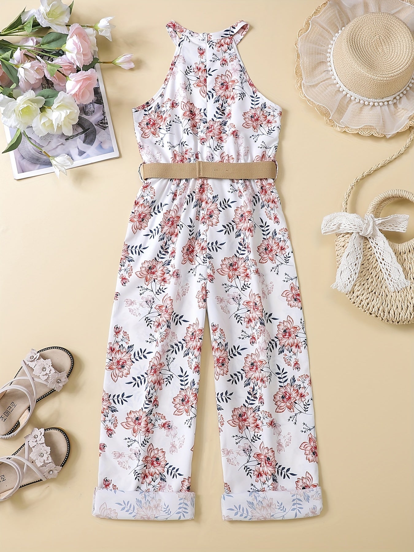 Girls Sleeveless Flowers Halter Neck Rompers Jumpsuits for Beach Vacation