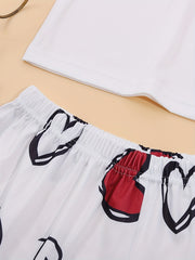 Heart Print Pajama Set Short Sleeve Crew Neck Top & Elastic Waistband Shorts