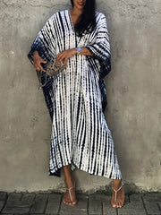 Stripes Print V Neck Beach Cover Up Dress Loose Fit Half Sleeves