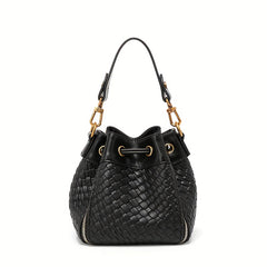 Mini Woven Drawstring Bucket Bag PU Crossbody Bag Women's Casual Shoulder Purse
