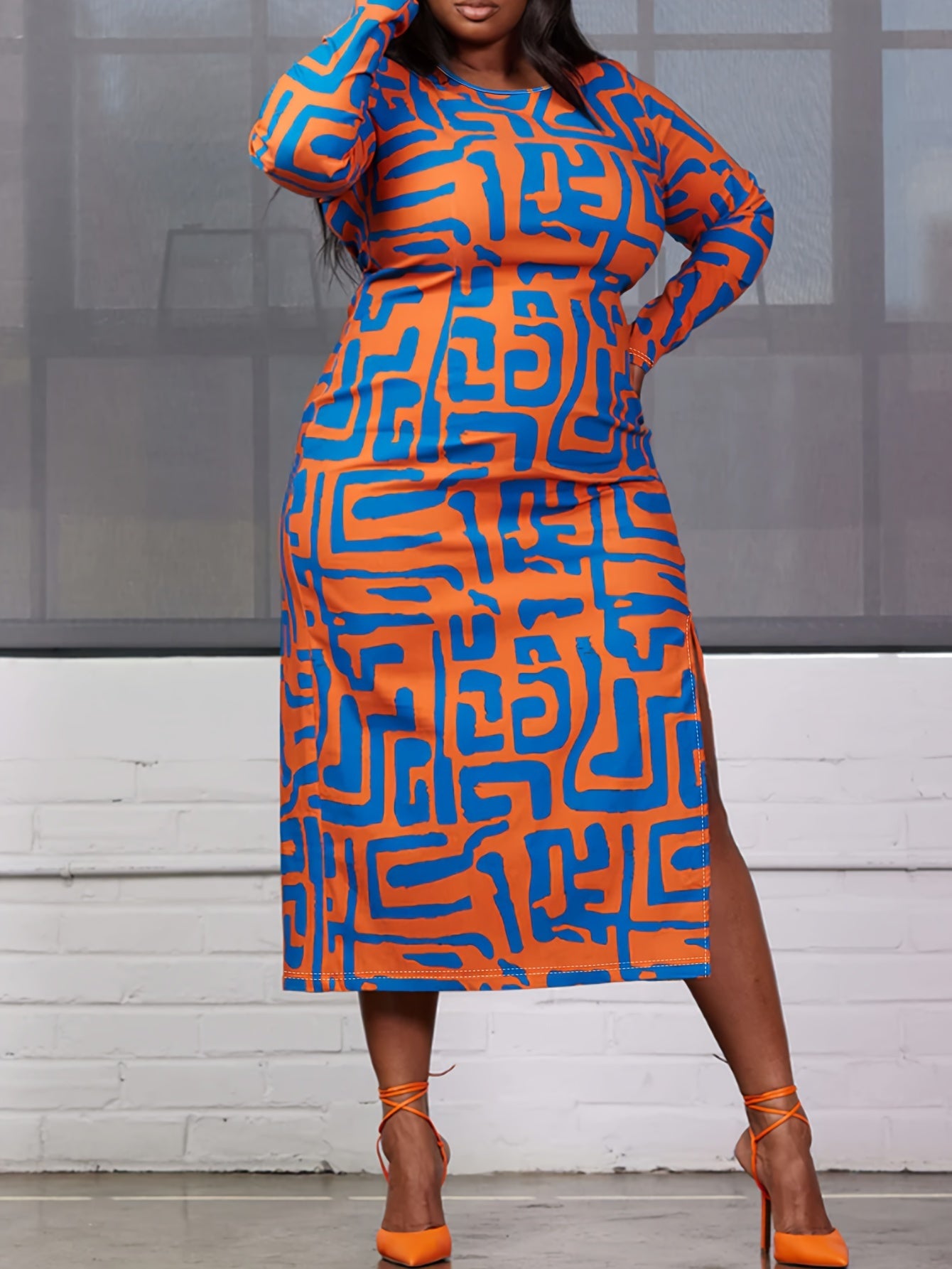 Allover Print Long Sleeve Round Neck Split Dress