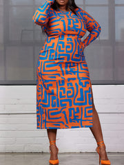 Allover Print Long Sleeve Round Neck Split Dress