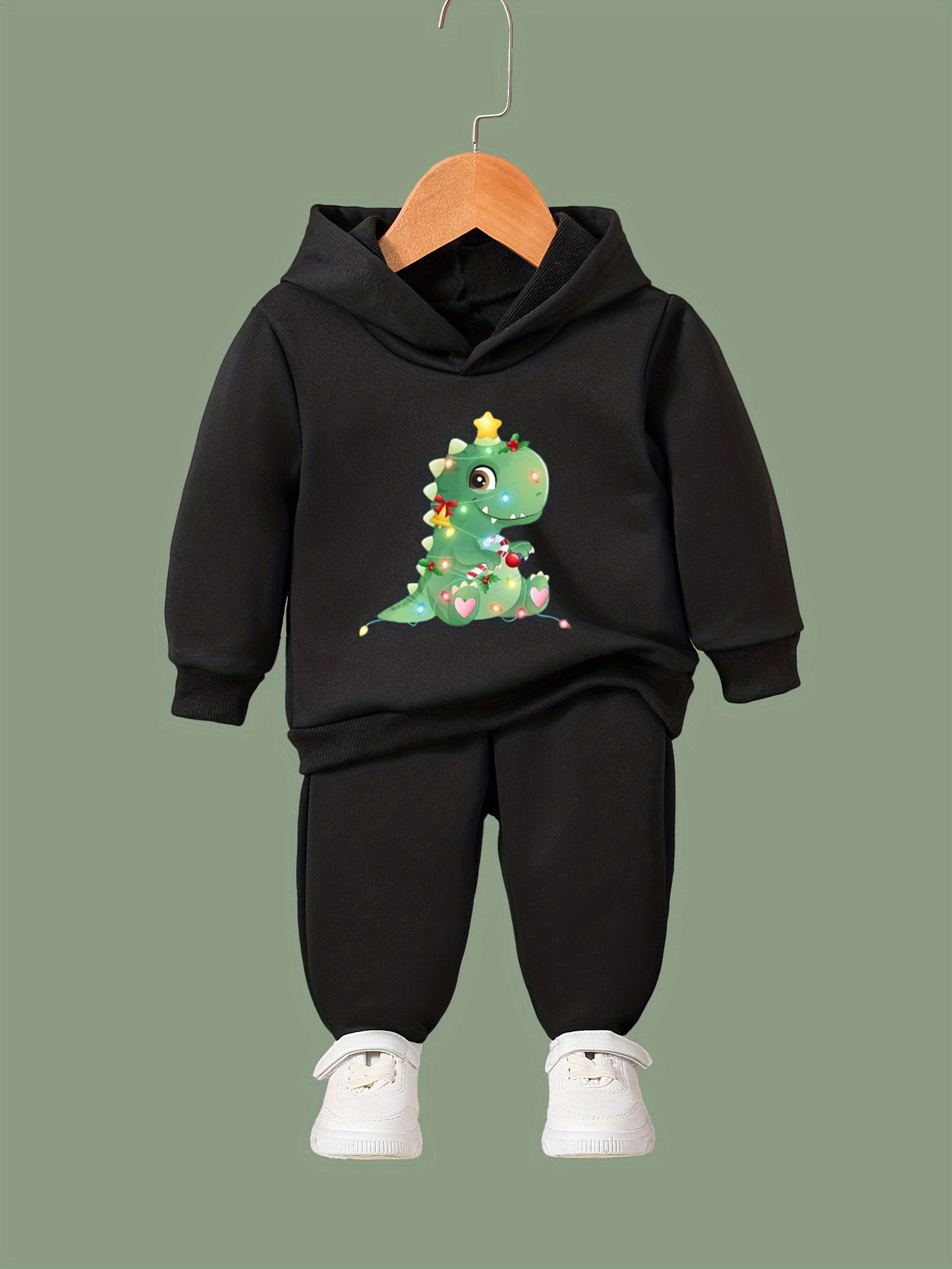 Girls Christmas Dinosaur Hooded Sweatshirt Top Sweatpants Set