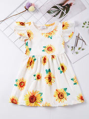 Girls Sunflower Graphic Dress Ruffled Sleeves for Party