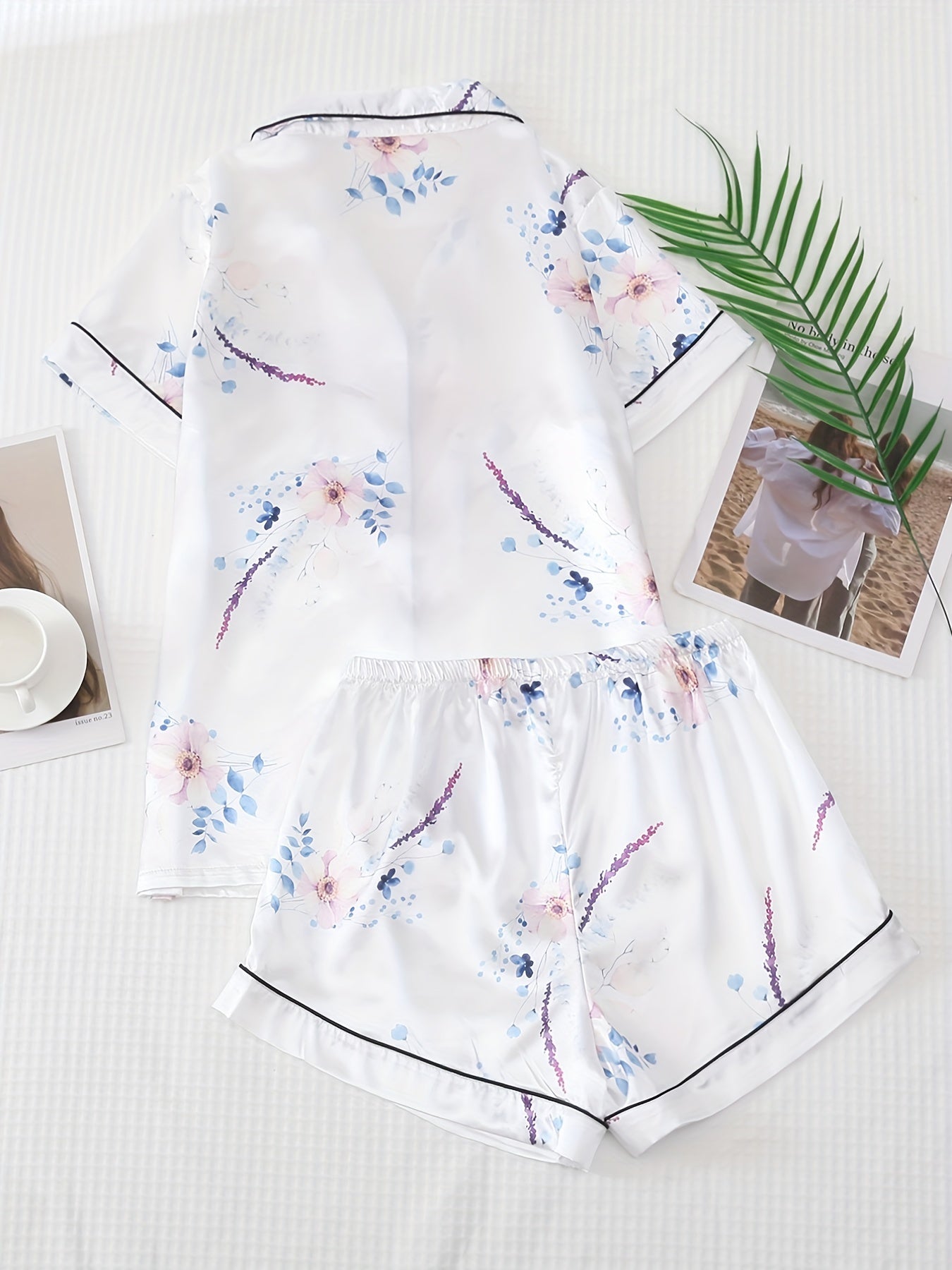 Floral Print Pajamas Set Short Sleeve Top & Bow Shorts PJ Set