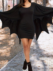 Retro Dress Women's Plus Solid Batwing Sleeve Round Neck Midi Dress