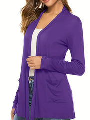 Solid Long Sleeve Open Front Cardigan With Pockets