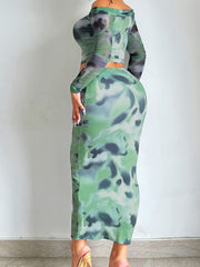 Tie Dye Two Piece Skirt Set Off Shoulder Crop Top & High Waist Bodycon Skirt