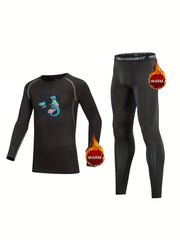 Kids Compression Fleece Sets, Cartoon Long Sleeve Top & Pants