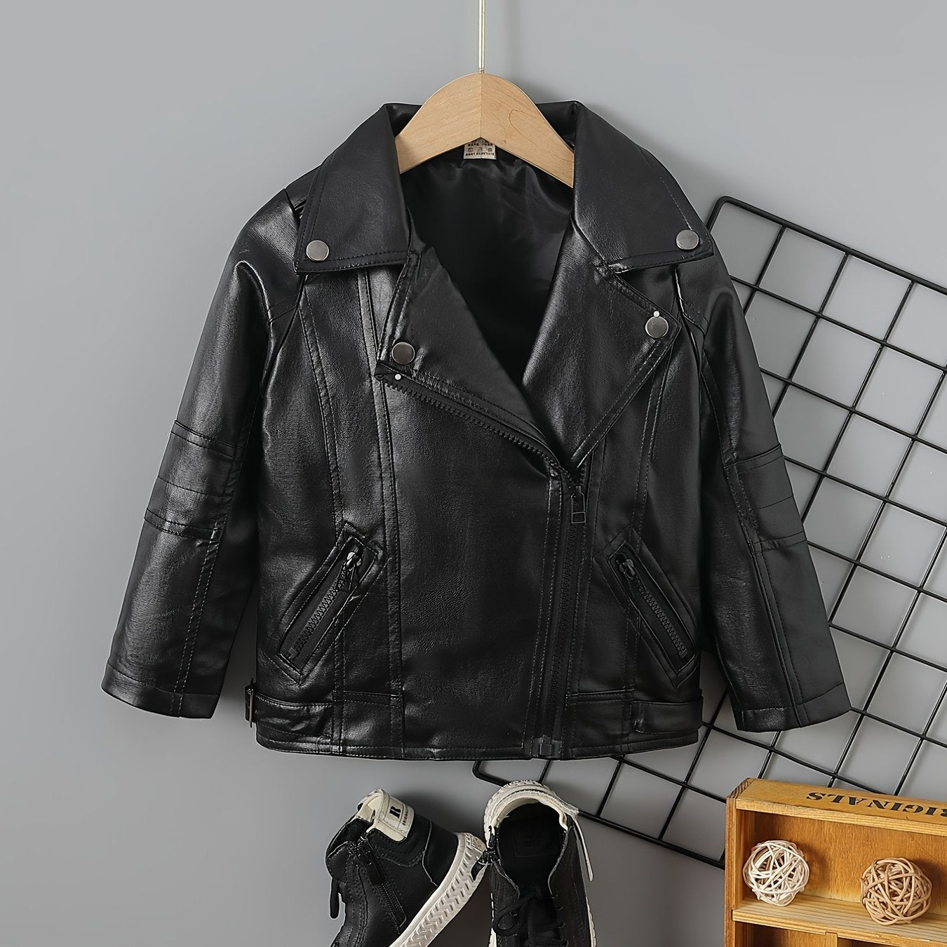Kids Lapel PU Leather Jacket Zipper Coat Boys Girls Top