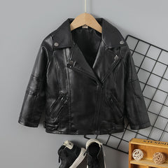 Kids Lapel PU Leather Jacket Zipper Coat Boys Girls Top