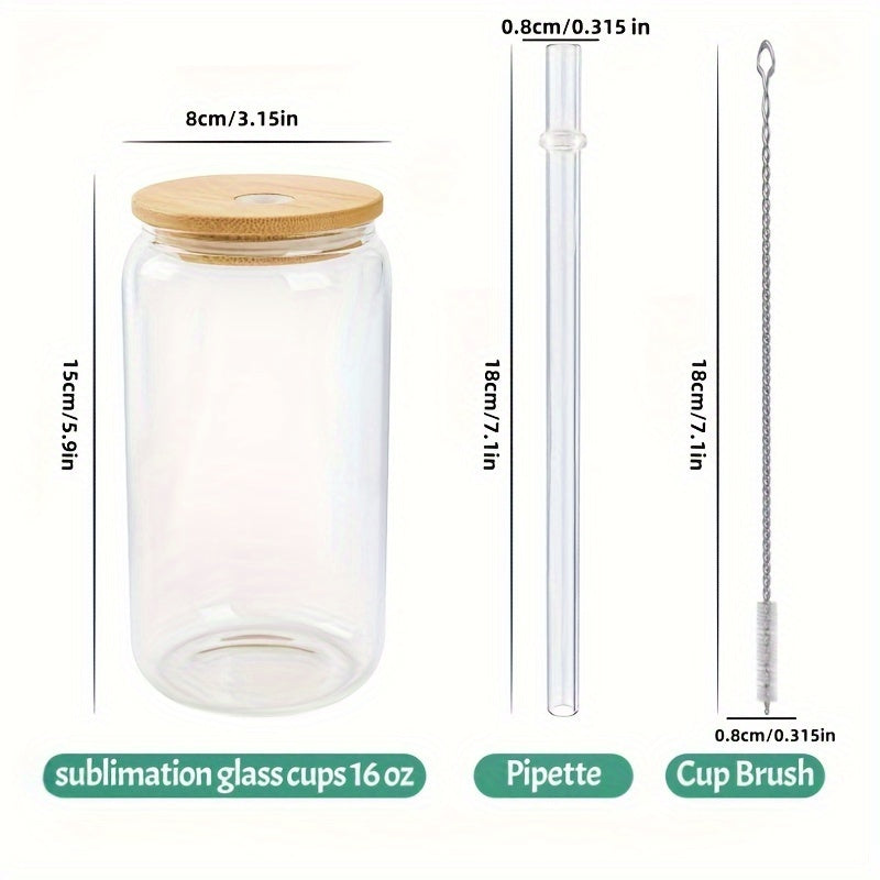 16oz Glass Water Cup With Bamboo Lid & Straw