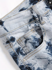 Tie Dye Slim Fit Ripped Jeans Men Casual Street Mid Denim Pants