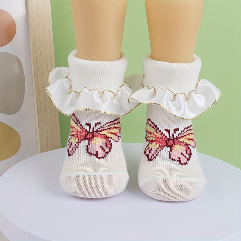3 Pairs Baby Girl Dress Socks Butterfly Pattern Lace Ruffled Socks