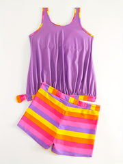 Modest Tankini Set Women's Plus Stripe Print Ruched Tank Top & Shorts
