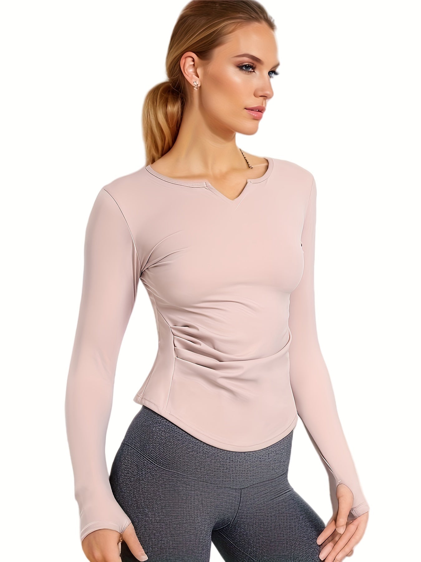 Solid V-Neck Long Sleeve Yoga Top