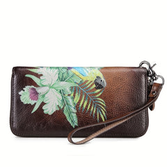 Vintage Tropical Floral Tote Bag Brown Leather Zip Closure