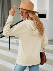 Textured Drawstring Button Front Hoodie for Women