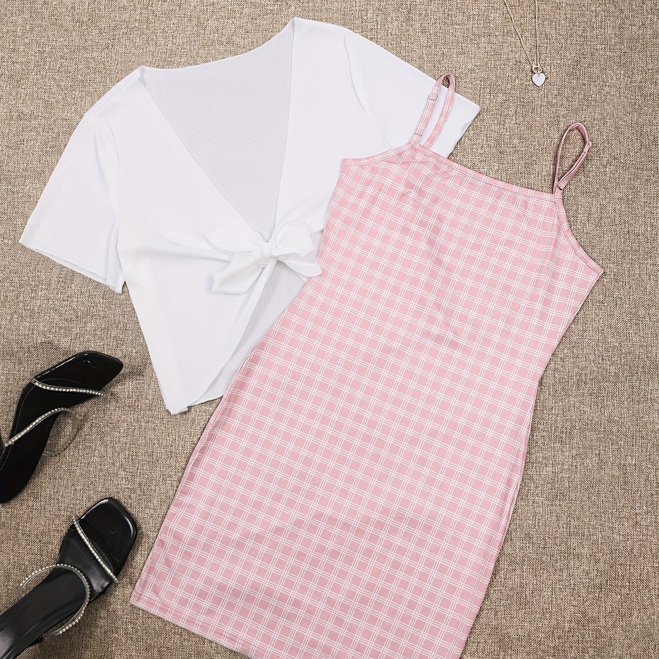 Plaid Dresses & Open Front Tops Two Pieces Set Outfits Women's Clothing