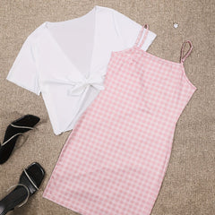 Plaid Dresses & Open Front Tops Two Pieces Set Outfits Women's Clothing